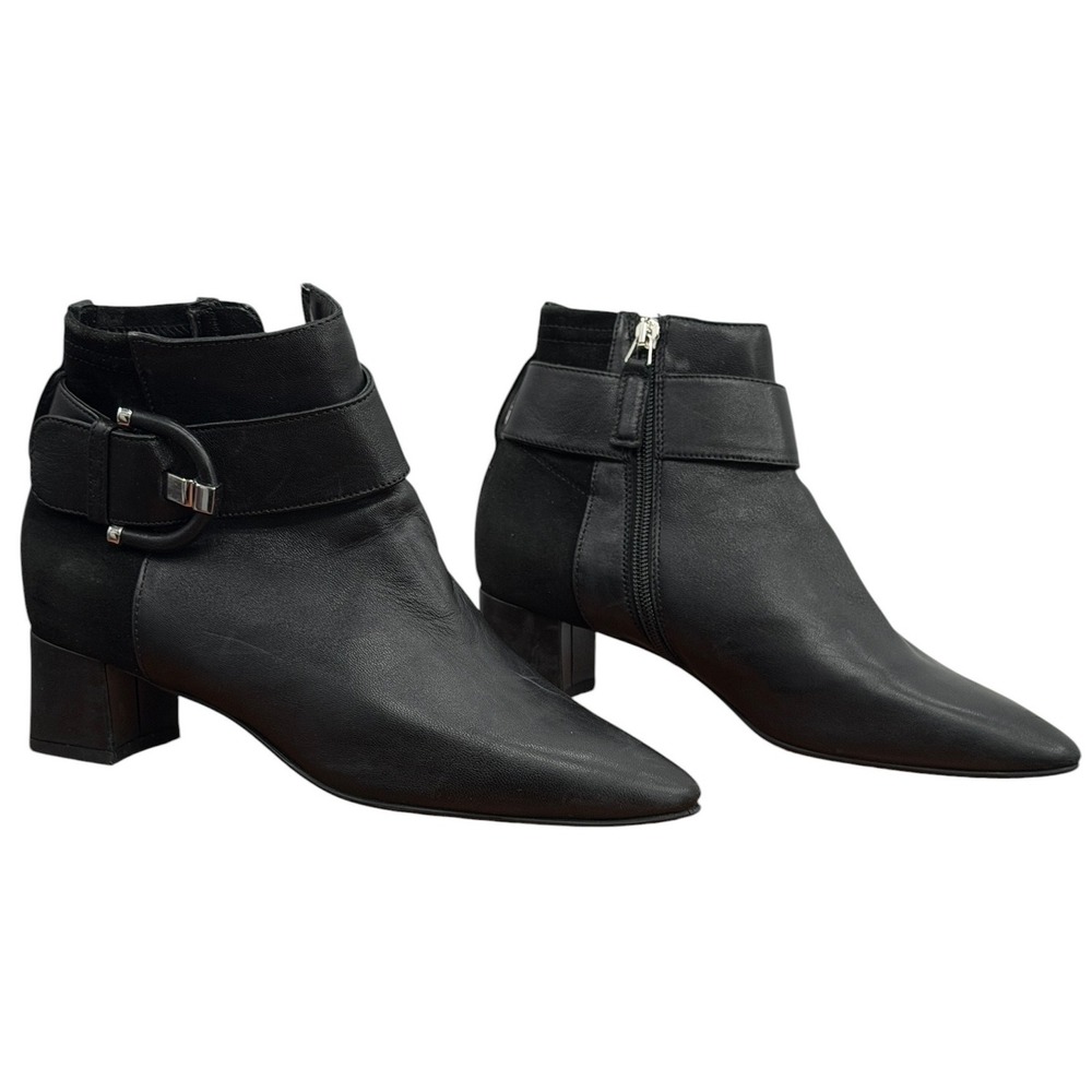 Aquatalia Phiona Ankle Boots Women SZ 8 Black Office Leather Suede Block Heel